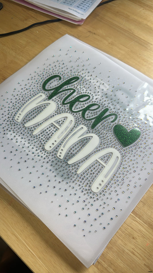 Cheer Nana Green Glitter Rhinestone Transfers 11”