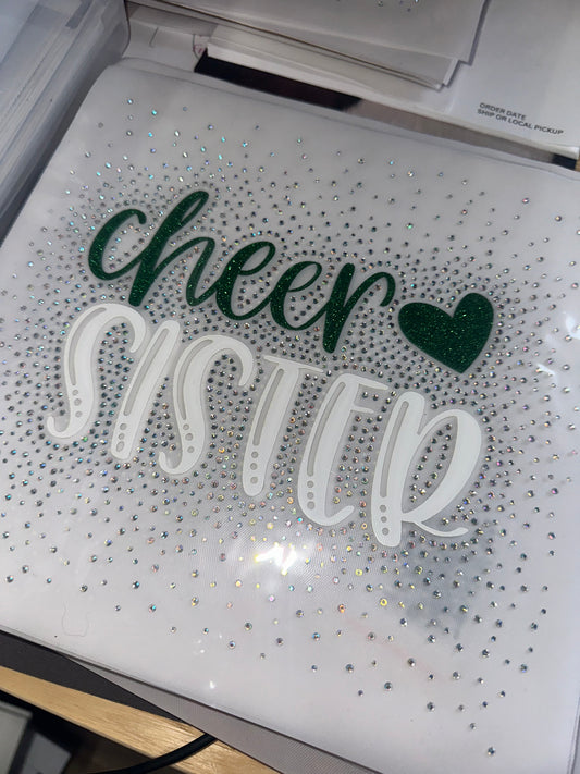 Cheer Sister Green Glitter Rhinestone Transfers 11”