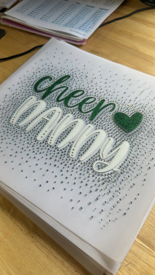 Cheer Nanny Green Glitter Rhinestone Transfers 11”